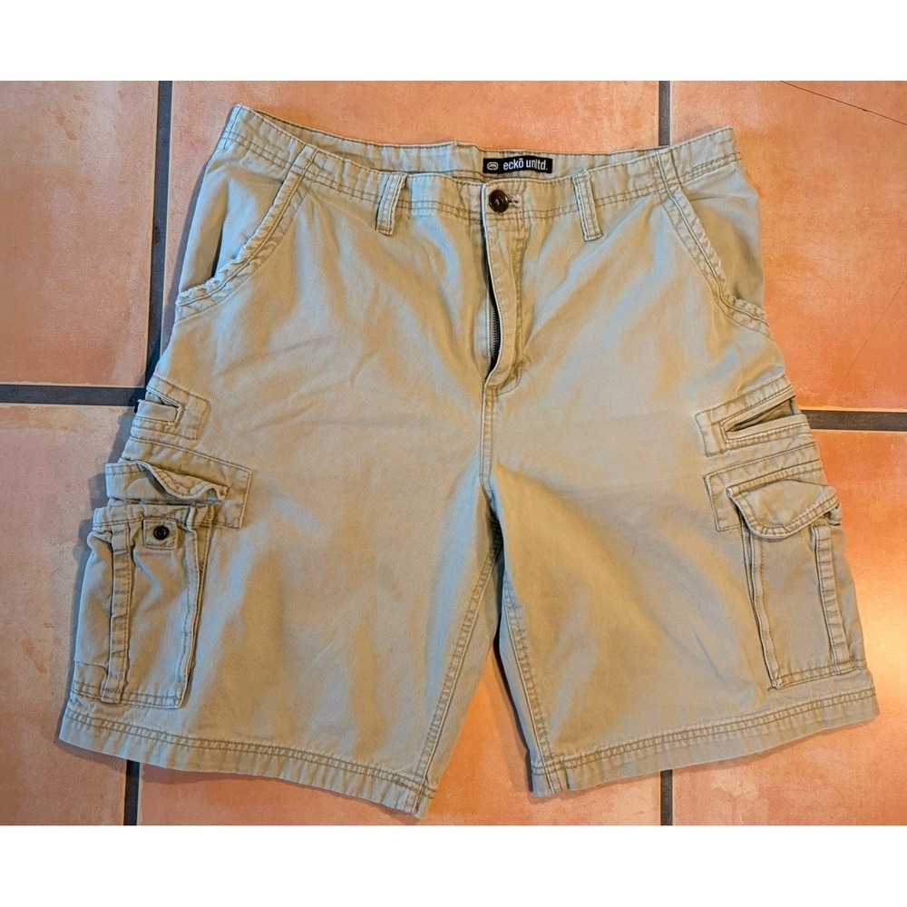Ecko Unltd Khaki Cargo Shorts Size 38 100% Cotton Zipper/Buttons